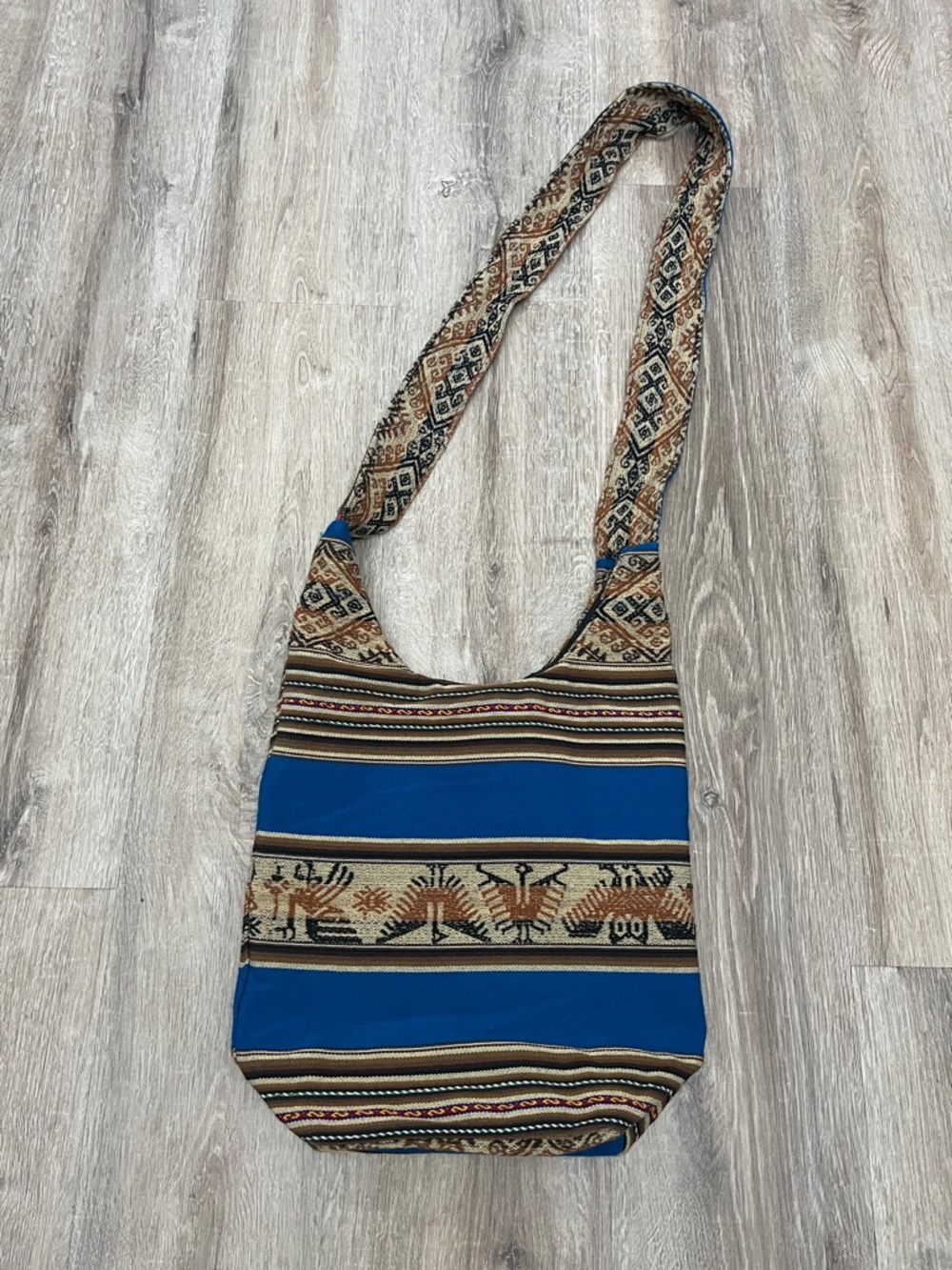 NWOT Boho Blue Striped Shoulder Bag with Woven Tribal Detail